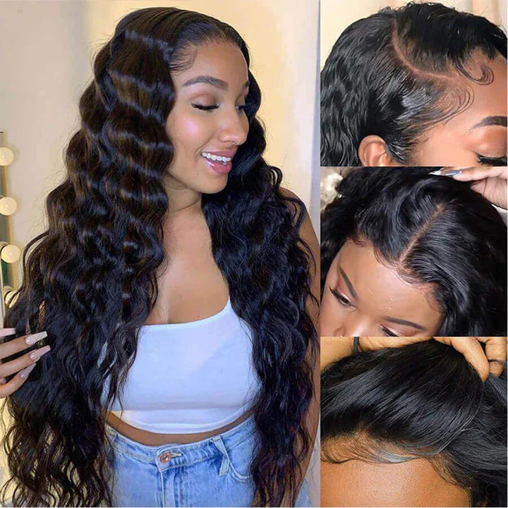 Cacaolux 13x4 Lace Frontal Wig Loose Wave Brazilian Human Hair Pre-Plucked Natural Hairline Front Lace Wigs