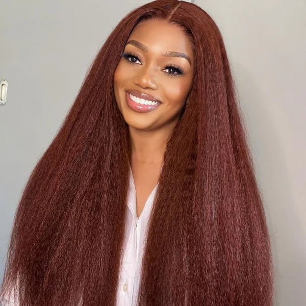 Luvme Hair Realistic Reddish Brown Kinky Straight Glueless 5x5 Closure Lace Wig for All Skin Tones