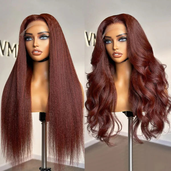 Luvme Hair Realistic Reddish Brown Kinky Straight Glueless 5x5 Closure Lace Wig for All Skin Tones