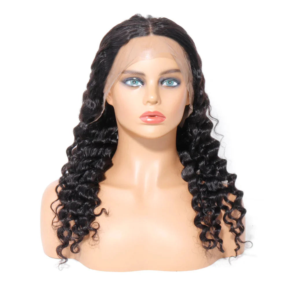 13x2 U Part Lace Front Wigs Deep Curly 200% Density Human Hair Pre Plucked with Baby Hair Natural Black Color Deep Wave Wig for Women