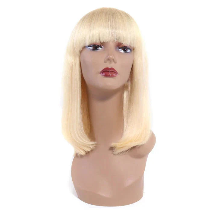 613 Bob Wig with Bangs Glueless 150% Density Barazilian Human Hair None Lace Machine Made Blonde Straight Wigs