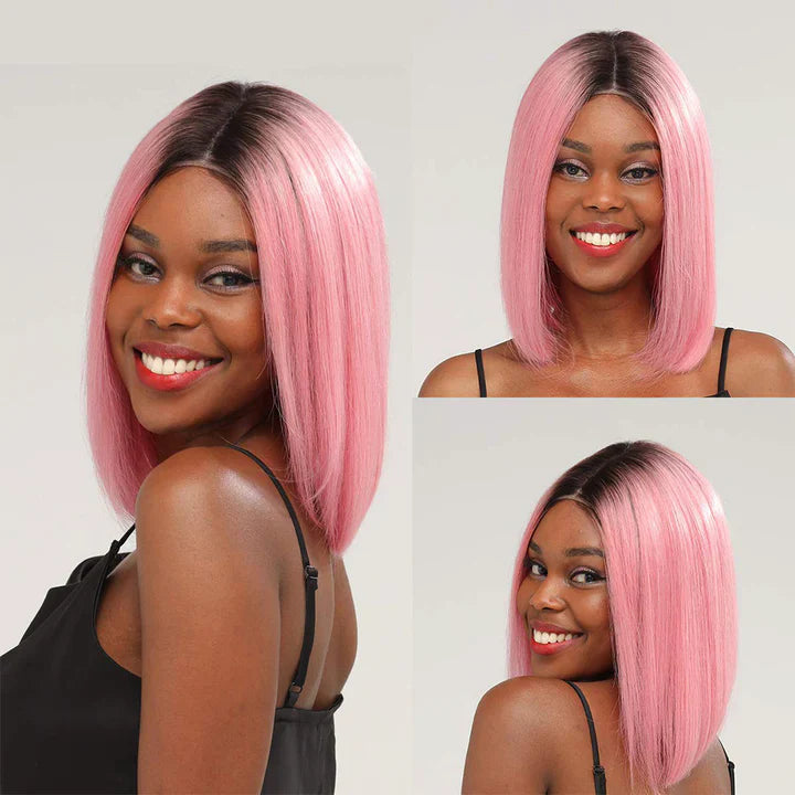 Cacaolux Lace Front Wigs Human hair T1B/Rose Pink Colored Short Bob Wig 13x4x1 T-Part Pre Plucked Middle Part 150% Density Wig for Women