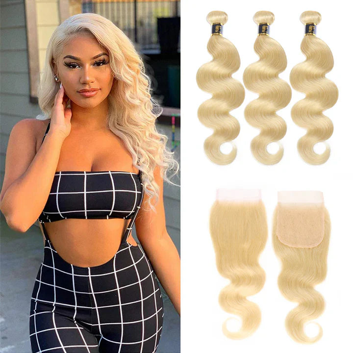 613 Blonde Bundles with 4x4 Closure Brazilian Body Wave 3 Bundles with Closure Blonde Human Hair Bundles with Closure