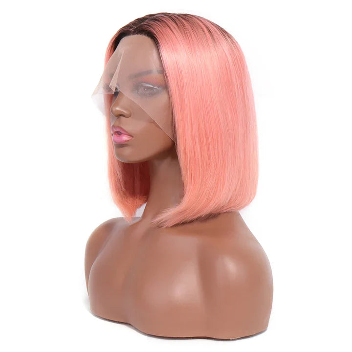 Cacaolux Lace Front Wigs Human hair T1B/Rose Pink Colored Short Bob Wig 13x4x1 T-Part Pre Plucked Middle Part 150% Density Wig for Women