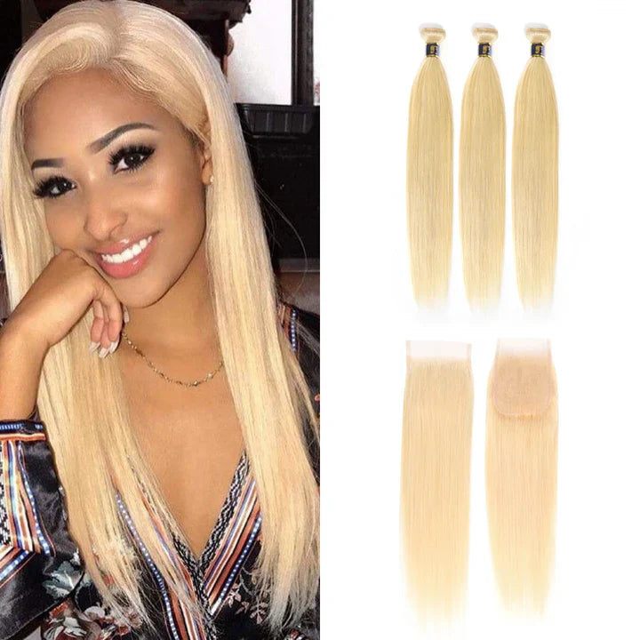 613 Blonde Hair Brazilian Straight Bundles With Closure Honey Blonde Human Hair Silky Straight 3 Bundles With Lace Frontal Closure Regular price