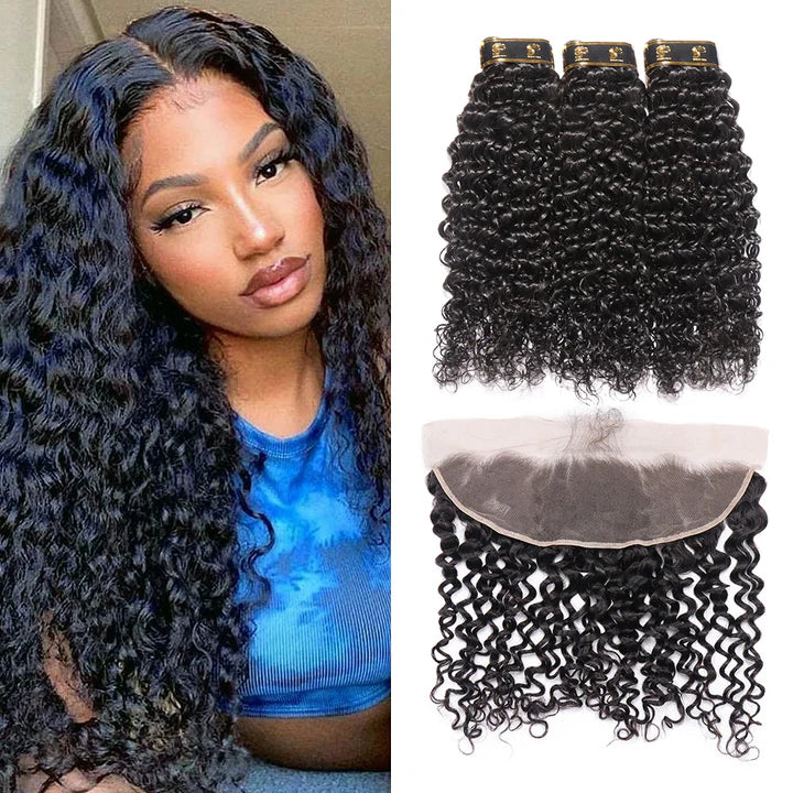 3 Bundles with Frontal Italian Wave Brazilian Virgin Real Human Hair Extensions with Closure Italian Curly 13x4 Lace Frontal Natural Color