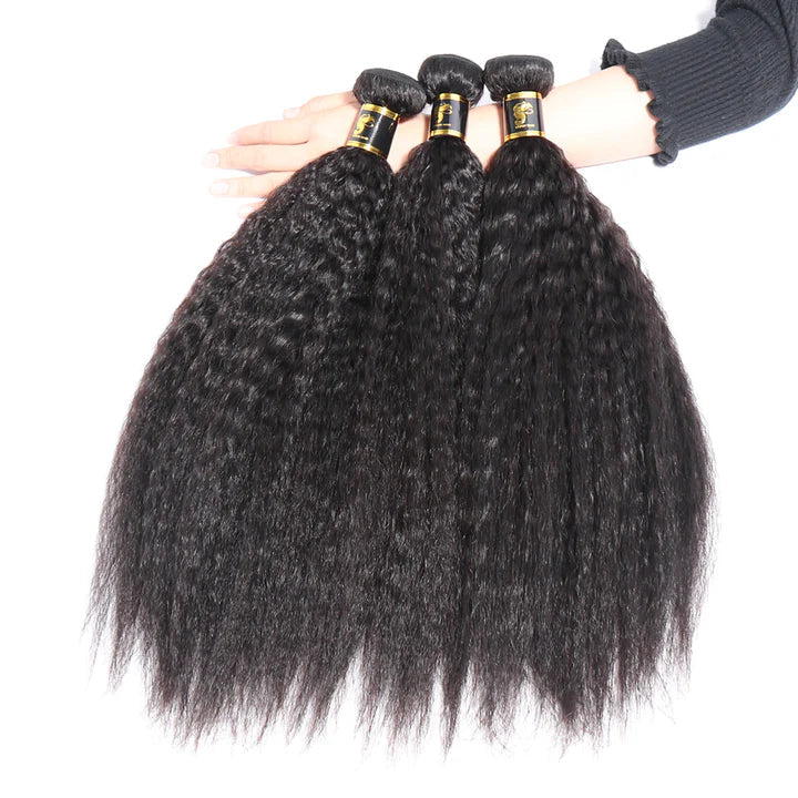 100% Unprocessed Brazilian Virgin Kinky Straight Human Hair 3 Bundles with 13x4 Lace Frontal Natural Black Color Hair Extension