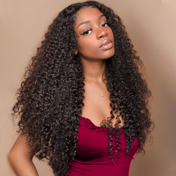 100% Unprocessed Peruvian Hair Kinky Curly 3 Bundles with 4x4 Closure Curly Weft Extensions Weaves Natural Black