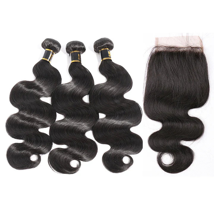 Cacaolux Human Hair Bundles With Closure 3 Bundles Body Wave Brazilian Hair With Swiss Lace Closure