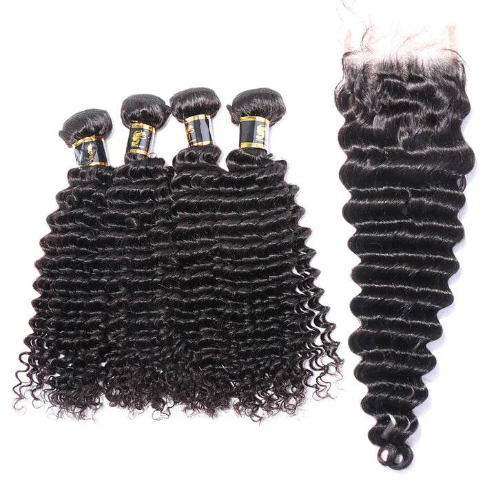 Cacaolux Deep Wave Human Hair Bundles With Closure Brazilian Hair Weave With Closure