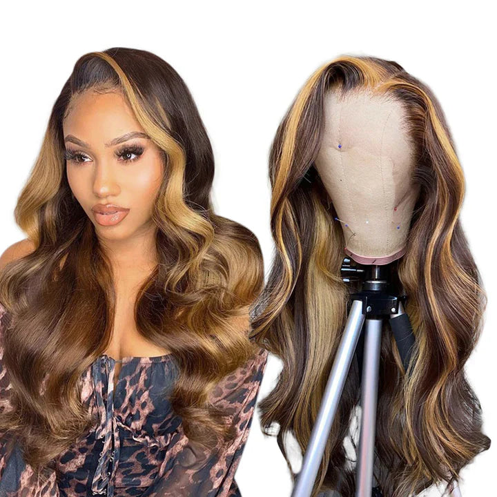 Cacaolux Honey Blonde Highlight P4/27 Color Body Wave 13x4 Front Lace Human Hair Wigs 150% Density