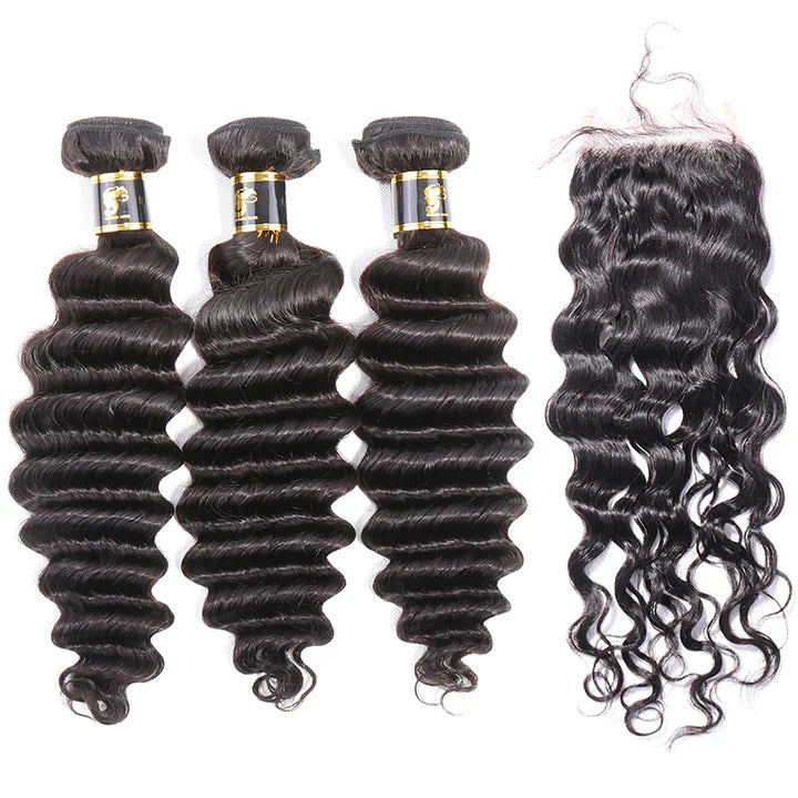 Cacaolux Brazilian Virgin Hair Bundles with Closure Loose Deep Wave Human Hair