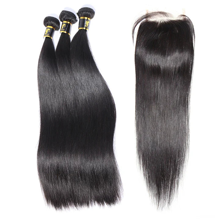 Cacaolux Straight Hair 3 Bundles With Closure Virgin Human Hair 4*4 Swiss Lace Brazilian Hair