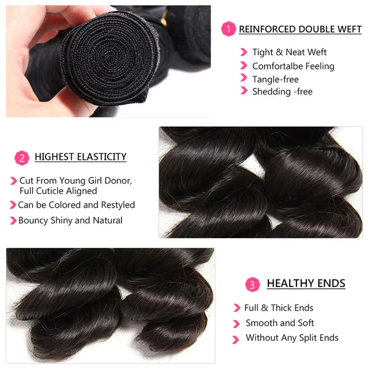 Brazilian 100% Human Hair 3 Bundles Loose Wave Bundles Natural Black Weaves Human Hair Extensions